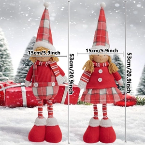 Standing Christmas plush dolls set in red plaid outfits for holiday tabletop decor
