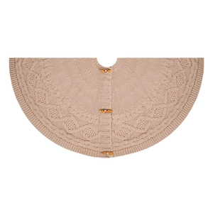 Large beige cable knit Christmas tree skirt with decorative amber toggle buttons