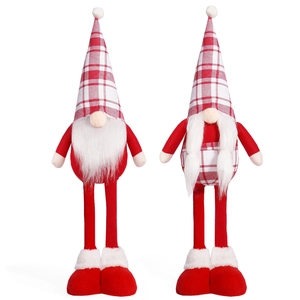 Pair of standing red Christmas gnomes with long legs and plaid patterns for holiday decor