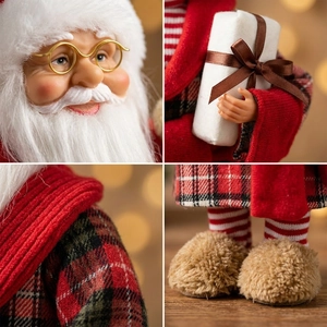 Macro detail of Santa doll's glasses, gift box, plaid coat and striped socks
