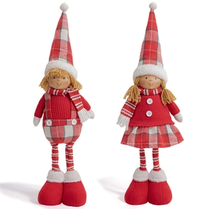 Christmas plush elf dolls in red and green plaid outfits for holiday tabletop decor