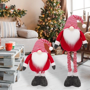 Christmas Gnome Plush Doll Nordic Swedish Tomte With Telescopic Legs Striped Hat Standing Figurine Holiday Home Decor