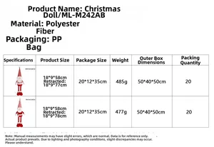 Size chart for 20-inch telescopic Santa doll including dimensions and materials