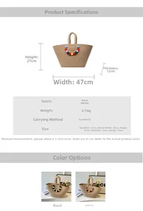 Detail view of straw tote bag dimensions 47x27x12cm with weight 0.75kg parameters