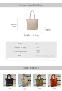Detailed chart showing canvas tote bag dimensions and four available color options