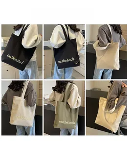 Three colors of canvas tote bags with 'on the book' embroidery in a collage view