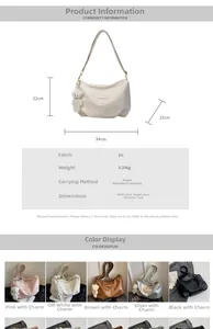 Detail view of large pleated dumpling bag showing 34x22x15cm size and color options