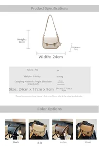 Detailed chart showing PU leather bag dimensions 24x17x9cm and four color options