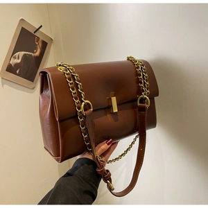 Dettaglio borsa in pelle marrone scuro con fibbia dorata e tracolla a catena su sfondo bianco