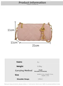 Detailed specs of pink quilted cylinder bag with gold chain strap and dimensions