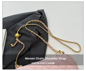 Detail of pink quilted leather bag with woven chain strap and golden ball adjuster