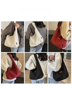 Collage of large canvas hobo bags in white, burgundy, and black worn by a model