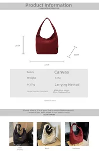 Detailed size specifications and color options for the large canvas hobo tote bag