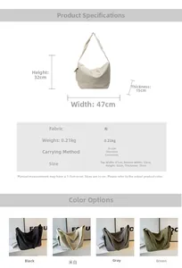 Tableau détaillé montrant les dimensions du sac en toile et quatre options de couleur