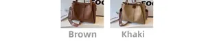 Detail view of large tote bags in brown and khaki with printed wide shoulder straps