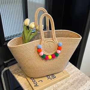 Straw Woven Tote Bag Women Large Capacity Beach Vacation Handbag With Colorful Pom Poms Bohemia Style