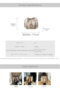 Infographic showing dimensions of a PU leather bucket bag with scene shots