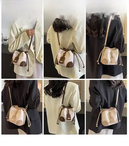 Multiple views of a woven bucket bag with leather trim on model for styling