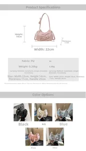 Size chart showing 22x14x11cm dimensions and color options for the pleated PU shoulder bag