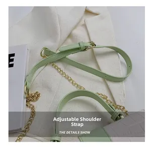 Detail of adjustable green leather strap and gold chain on embossed faux-croc bag