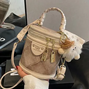 Women Crossbody Bucket Bag PU Leather Cylinder Handbag With Scarf Handle Quilted Stitching Plush Charm Daily Fashion