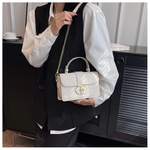 Detail of white crocodile pattern crossbody bag with gold metal lock and chain strap