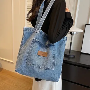 Grand Sac Fourre-Tout En Jean Vintage Bleu Délavé Sac À Main Épaule Décontracté Style Collège Pour Femmes