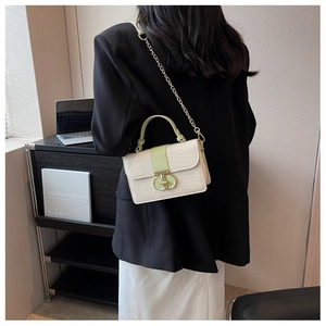 Detail of mini crocodile pattern crossbody bag with green handle and metal chain strap