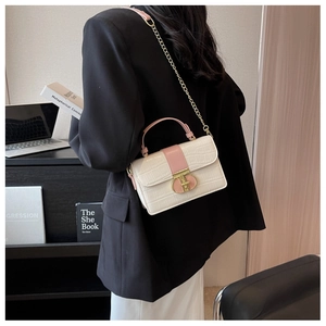 Model wearing a small cream and pink crossbody bag with crocodile pattern and gold chain