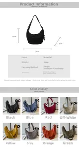Detailed size specifications for large nylon crescent bag showing 34cm length and 8-color options