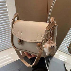 Women Retro PU Leather Crossbody Bag Flap Underarm Shoulder Purse With Plush Monster Pendant Niche Design Trendy
