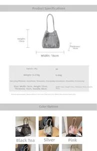 Detailed dimension guide showing the PU leather pleated mini bucket bag in multiple colors