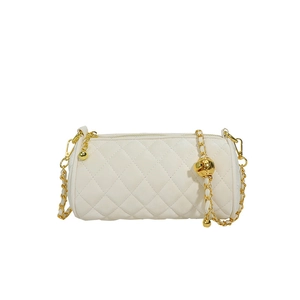 Beige quilted cylinder chain bag with gold adjustable ball and leather chain strap