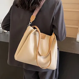 Large Capacity Tote Bag PU Leather Handbag With Detachable Wide Woven Strap Commuter Shoulder Bag For Women