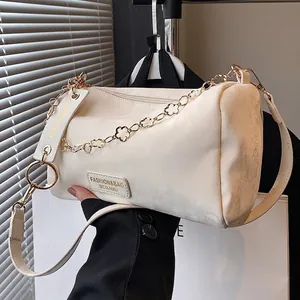 Boston Cylinder Crossbody Bag For Women Chic PU Leather And Woven Straw With Flower Metal Chain Solid Color Fashionable