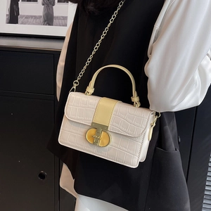 Chic white faux crocodile pattern small square handbag with golden chain strap and top handle