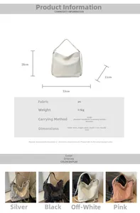 Size chart showing large capacity PU tote bag dimensions and multi-color options available