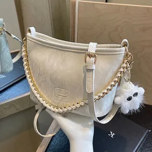 Women Fashion Hobo Bag PU Leather Marble Texture With Chain Strap And Plush Charm Versatile Underarm Crossbody Purse