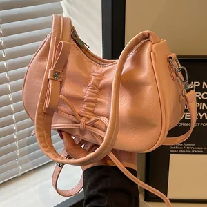 Women Ruched Underarm Bag PU Leather Pleated Bow Shoulder Handbag Fashionable Sweet Versatile