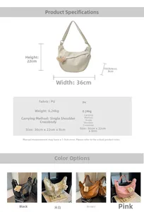 Detailed size chart and multi-color specifications for PU leather crescent crossbody bag