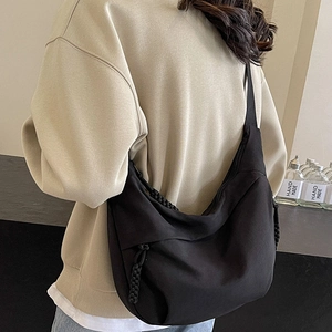 Women black nylon crossbody hobo bag with braided knot strap and large capacity