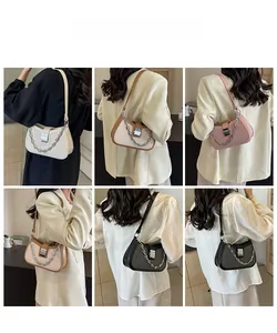 Collage of chic underarm bags in various colors showing chain details and styling