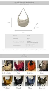 Detailed size chart and multi-color matrix for lightweight nylon dumpling crossbody bag