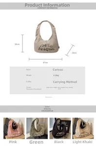 Detailed size guide and dimensions of large canvas dumpling tote bag for women