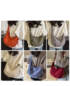 Six colors of nylon crescent crossbody bags shown on models in a grid view collage