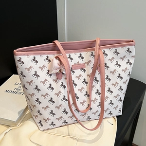 Chic beige tote bag with pink straps and horse head geometric pattern for daily use