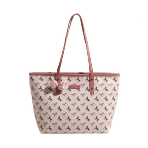 Large capacity tote bag with horse pattern and pink bow decoration on white background