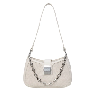 Minimalist cream white woven underarm bag with silver chain strap on white background