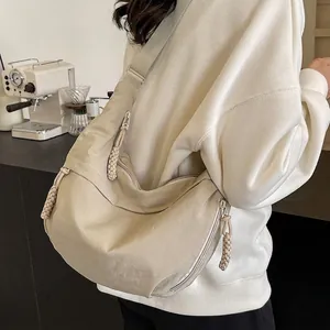 Women Nylon Hobo Bag Large Capacity Crescent Crossbody Bag With Braided Zipper Puller Casual Retro Shoulder Bag
