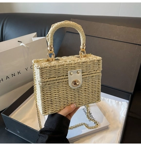 Detailed shot of beige woven straw bag with gold chain strap and elegant twist lock